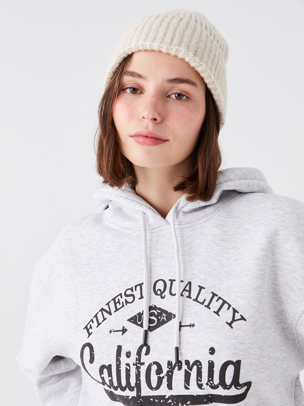 Gri Baskılı Kapüşonlu Kadın Hoodie-1