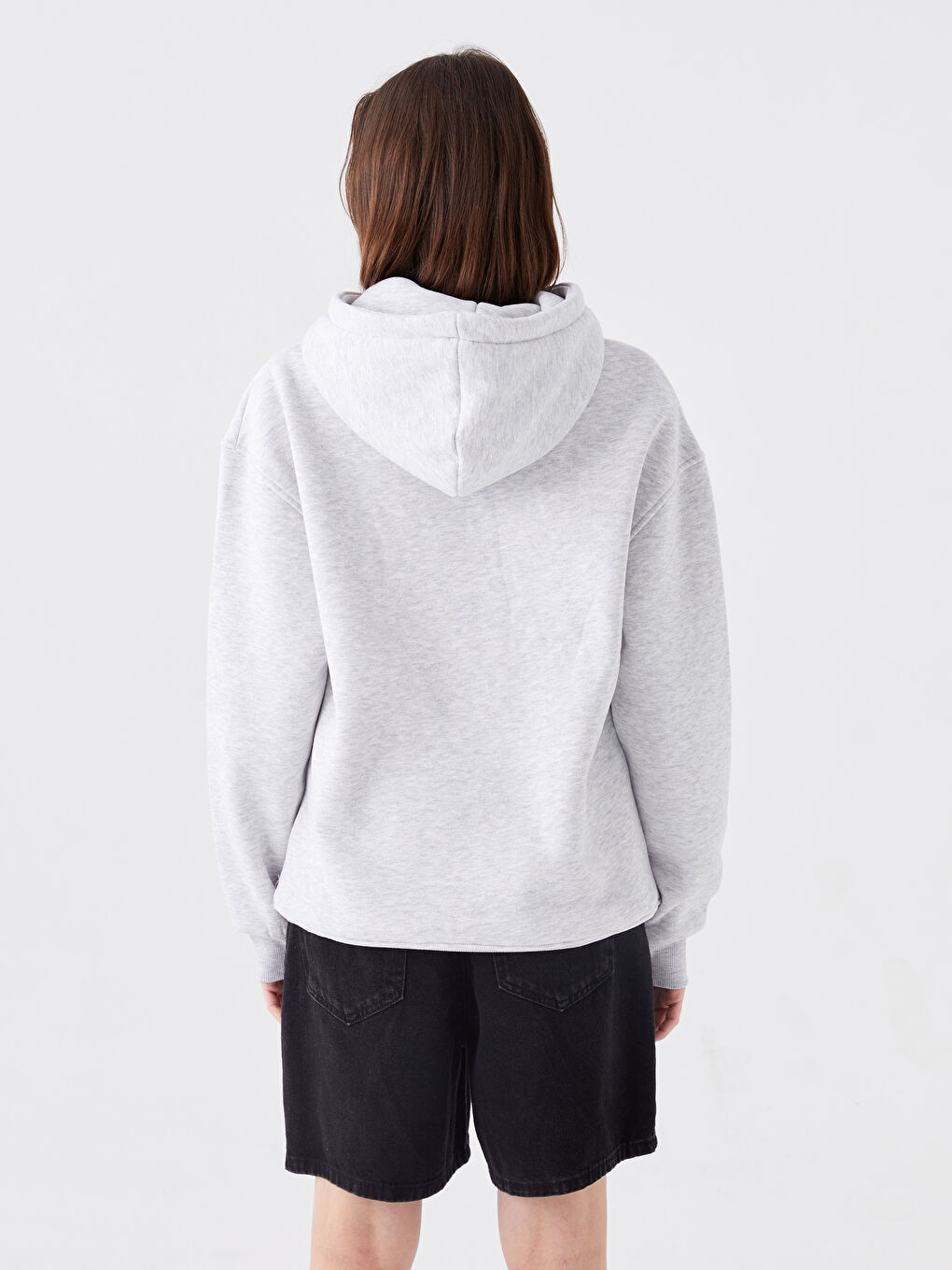 Gri Baskılı Kapüşonlu Kadın Hoodie-4