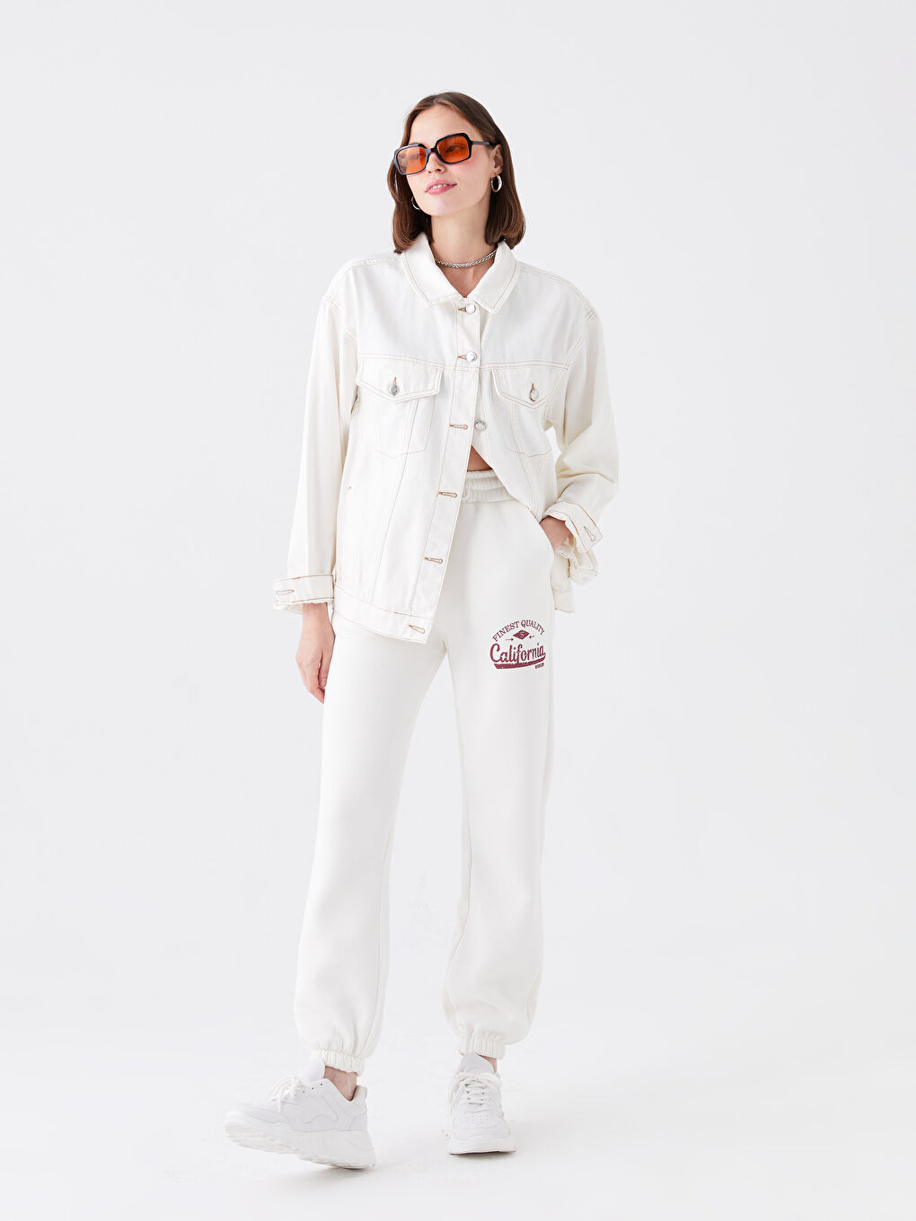 Ekru Beli Lastikli Baskılı Kadın Eşofman Altı