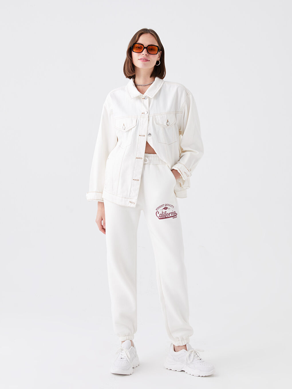 Ekru Beli Lastikli Baskılı Kadın Eşofman Altı-1