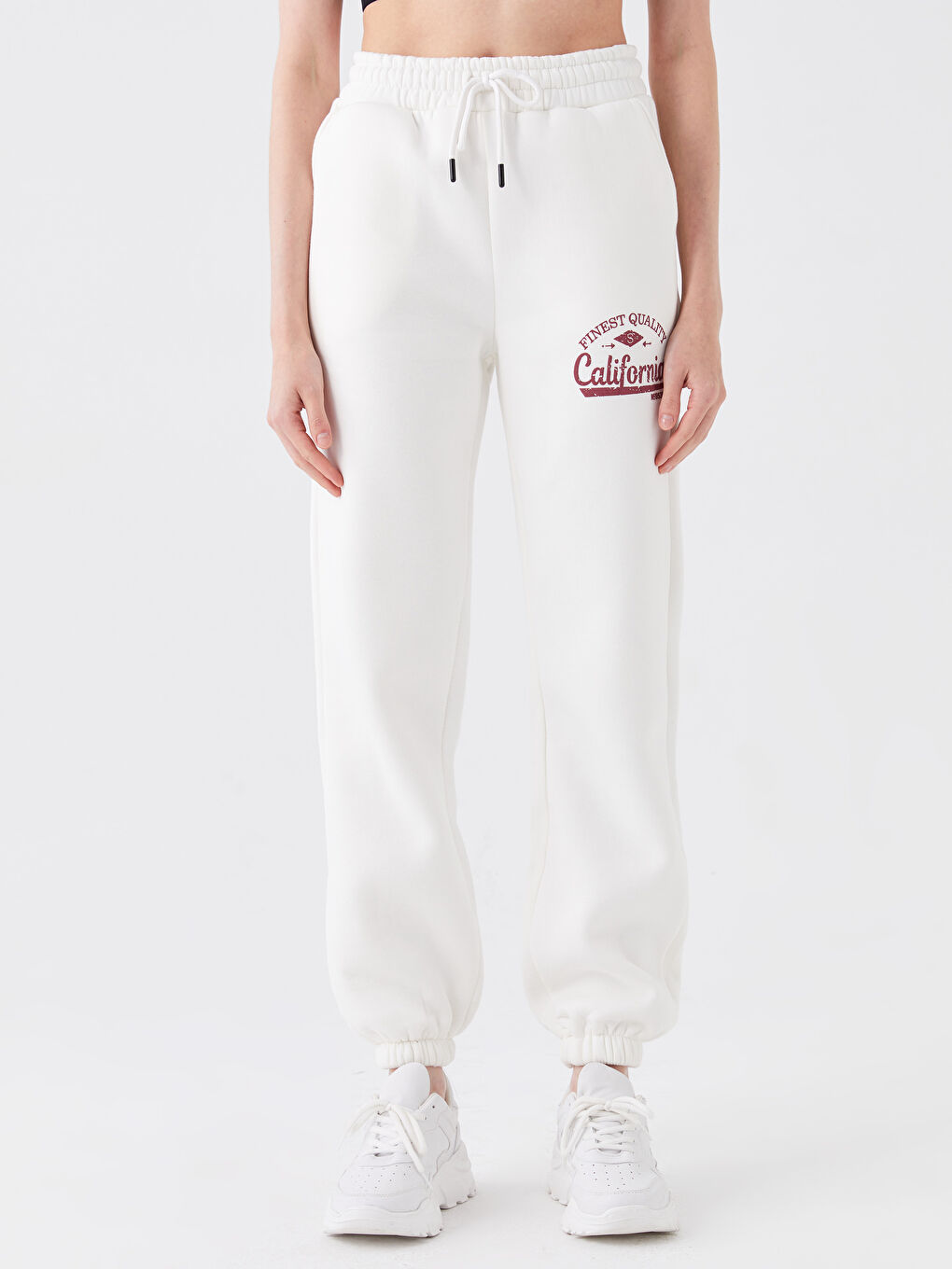 Ekru Beli Lastikli Baskılı Kadın Eşofman Altı-2