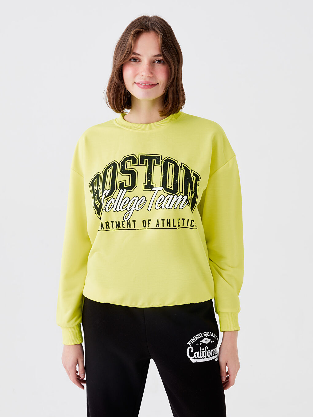 CALİMERA MODA Neon Yeşil Bisiklet Yaka Baskılı Kadın Sweatshirt