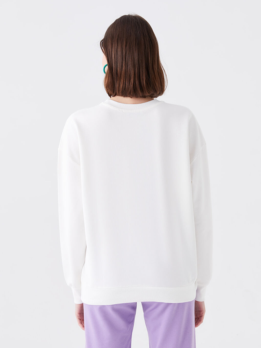 Ekru Bisiklet Yaka Baskılı Kadın Sweatshirt-4