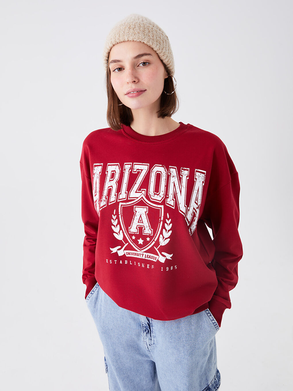 Bordo Bisiklet Yaka Baskılı Kadın Sweatshirt