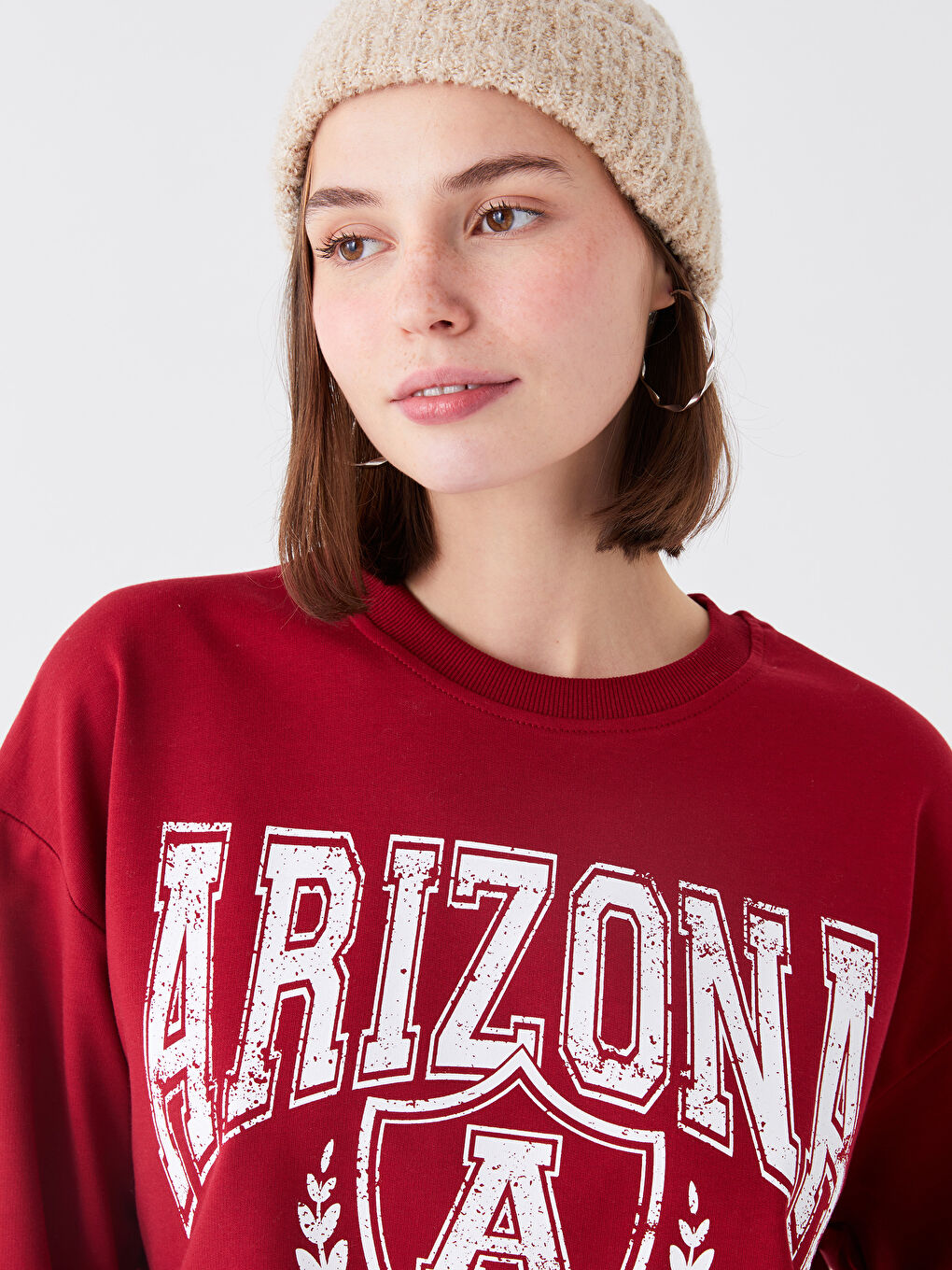 Bordo Bisiklet Yaka Baskılı Kadın Sweatshirt-1