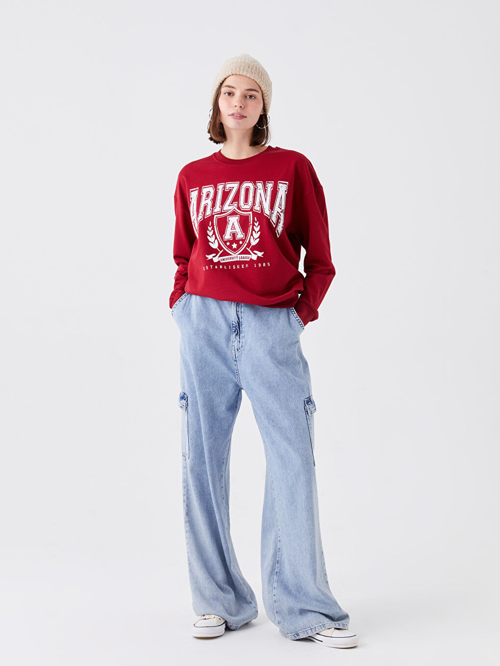 Bordo Bisiklet Yaka Baskılı Kadın Sweatshirt-2