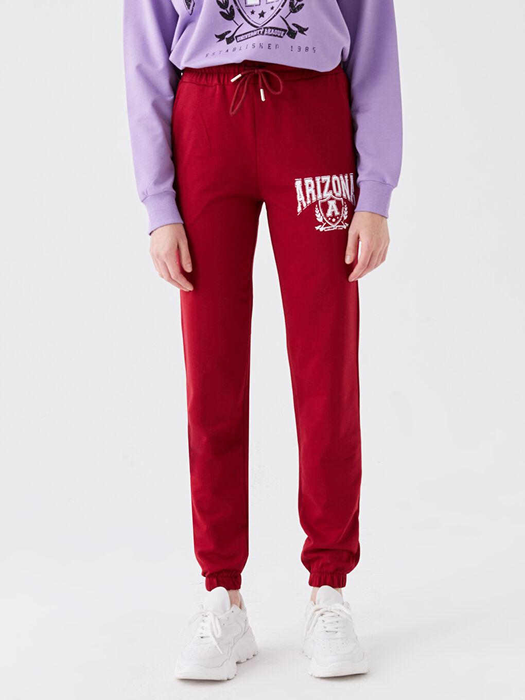 Bordo Beli Lastikli Baskılı Kadın Eşofman Altı-2