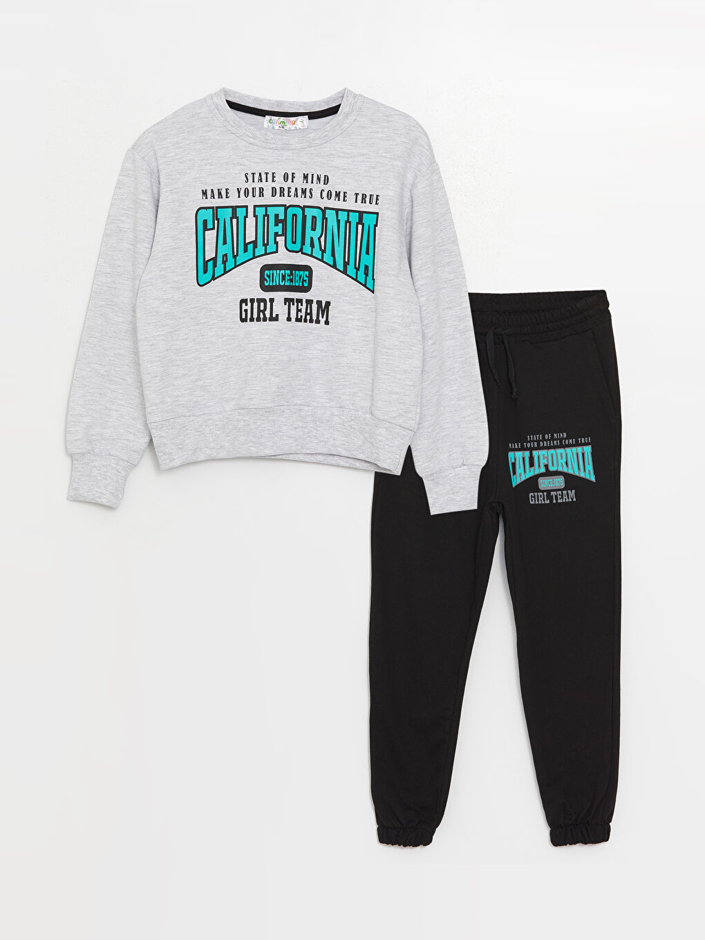 Gri Bisiklet Yaka Baskılı Uzun Kollu Kız Çocuk Sweatshirt ve Eşofman Alt 2'li Takım