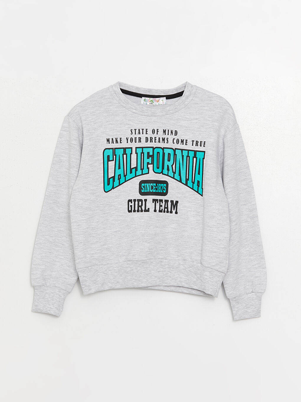 Gri Bisiklet Yaka Baskılı Uzun Kollu Kız Çocuk Sweatshirt ve Eşofman Alt 2'li Takım-1
