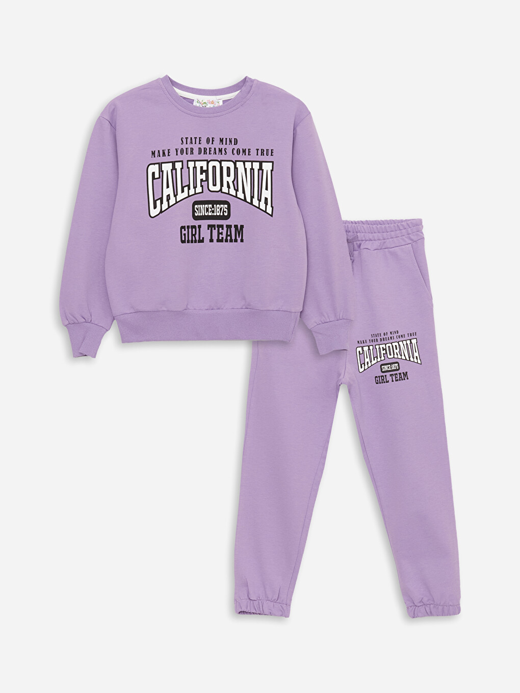 Lila Bisiklet Yaka Baskılı Uzun Kollu Kız Çocuk Sweatshirt ve Eşofman Alt 2'li Takım