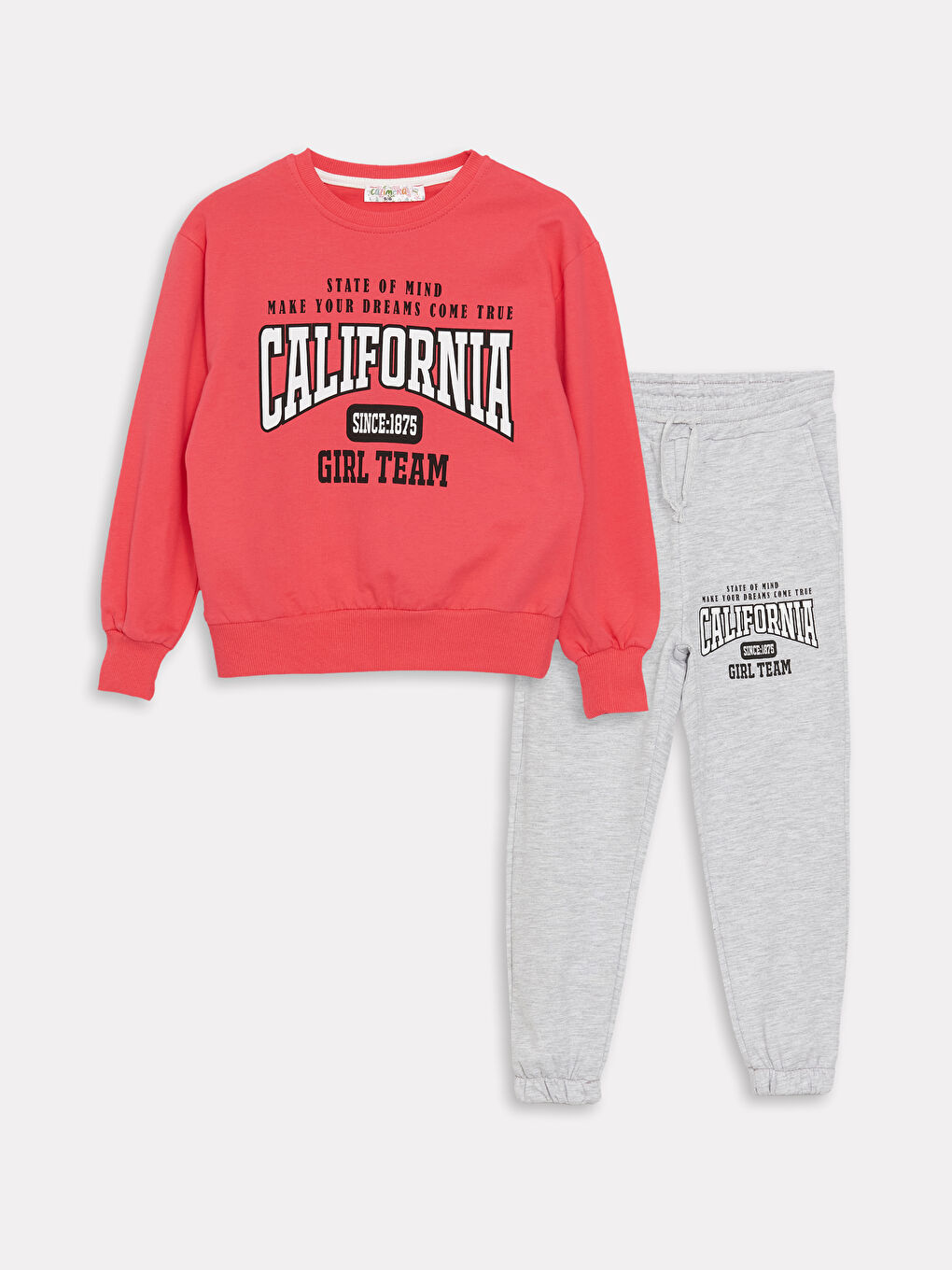 Fuşya Bisiklet Yaka Baskılı Uzun Kollu Kız Çocuk Sweatshirt ve Eşofman Alt 2'li Takım