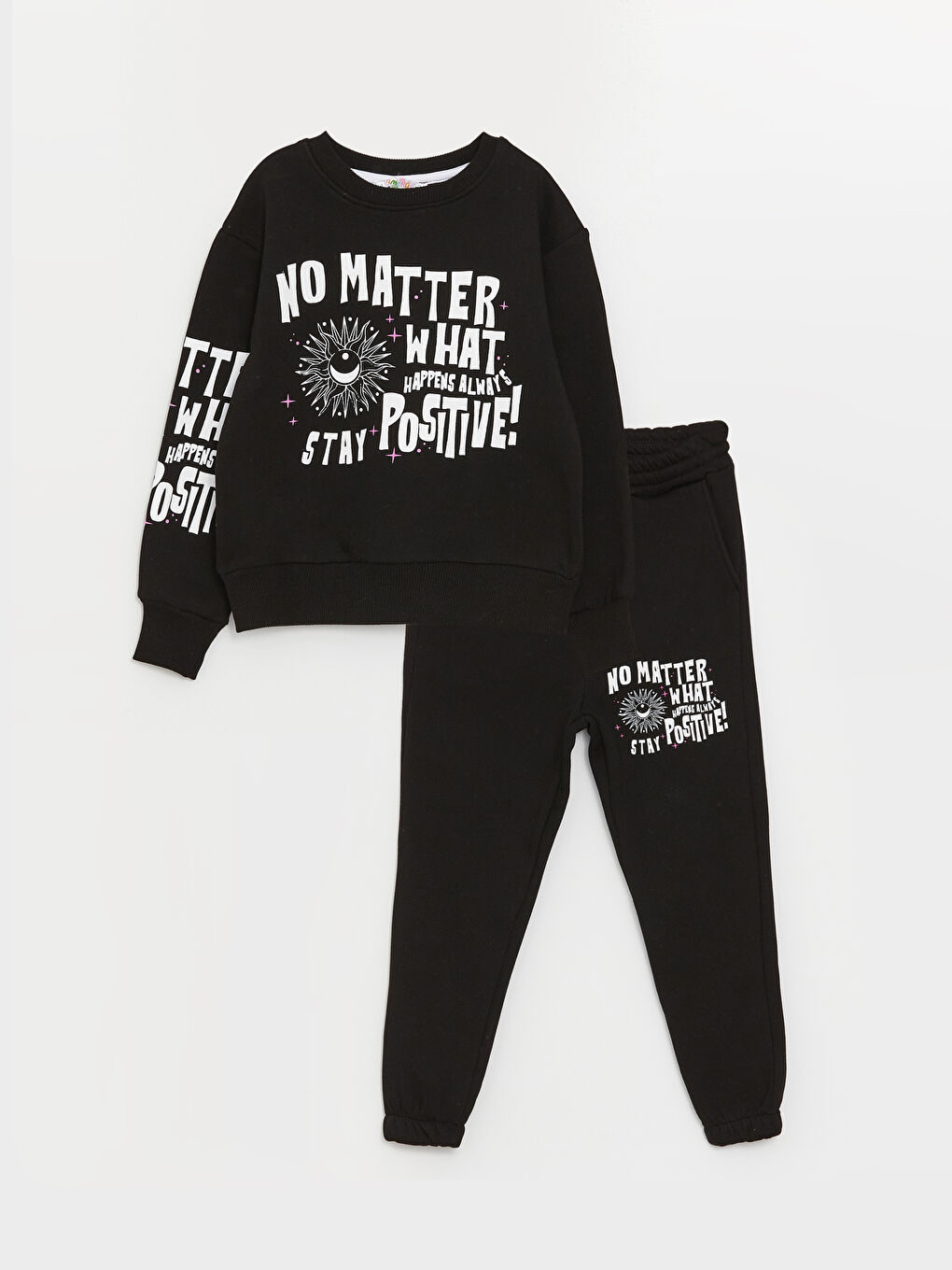 Siyah Bisiklet Yaka Baskılı Uzun Kollu Kız Çocuk Sweatshirt ve Eşofman Alt 2'li Takım