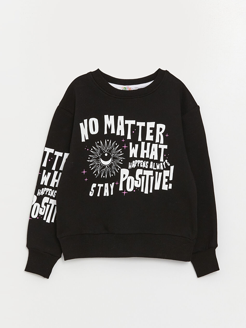 Siyah Bisiklet Yaka Baskılı Uzun Kollu Kız Çocuk Sweatshirt ve Eşofman Alt 2'li Takım-1