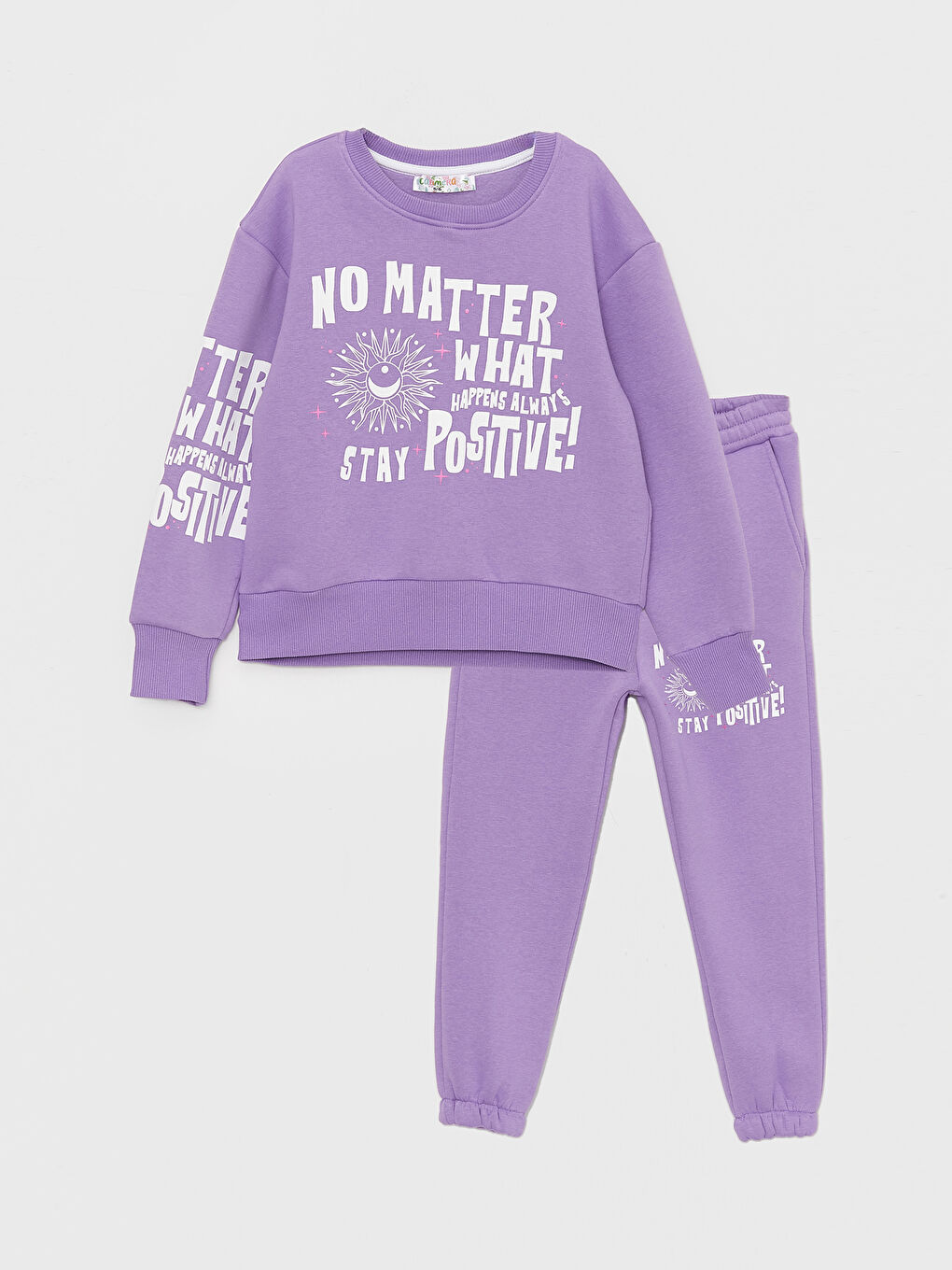 Lila Bisiklet Yaka Baskılı Uzun Kollu Kız Çocuk Sweatshirt ve Eşofman Alt 2'li Takım