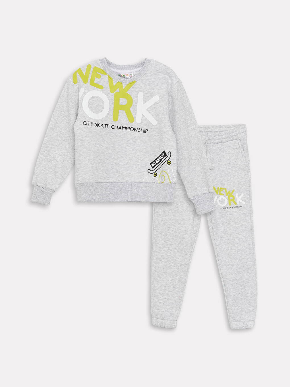 Gri Bisiklet Yaka Baskılı Uzun Kollu Erkek Çocuk Sweatshirt ve Eşofman Alt 2'li Takım