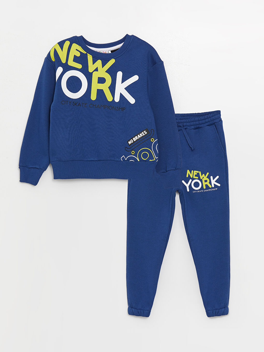 Lacivert Bisiklet Yaka Baskılı Uzun Kollu Erkek Çocuk Sweatshirt ve Eşofman Alt 2'li Takım