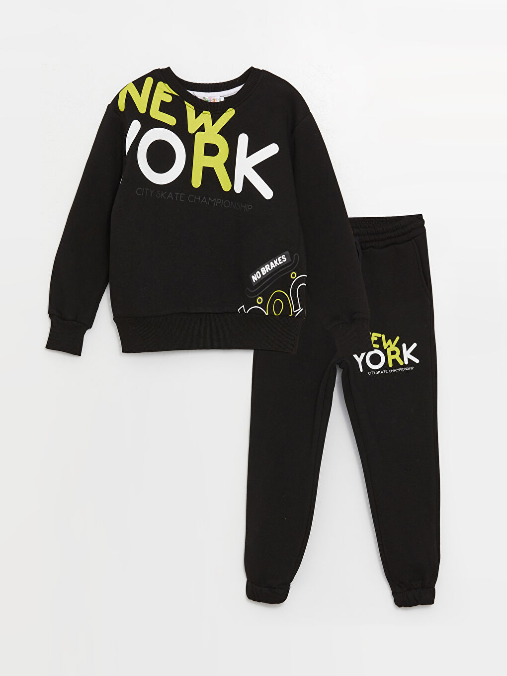 Siyah Bisiklet Yaka Baskılı Uzun Kollu Erkek Çocuk Sweatshirt ve Eşofman Alt 2'li Takım