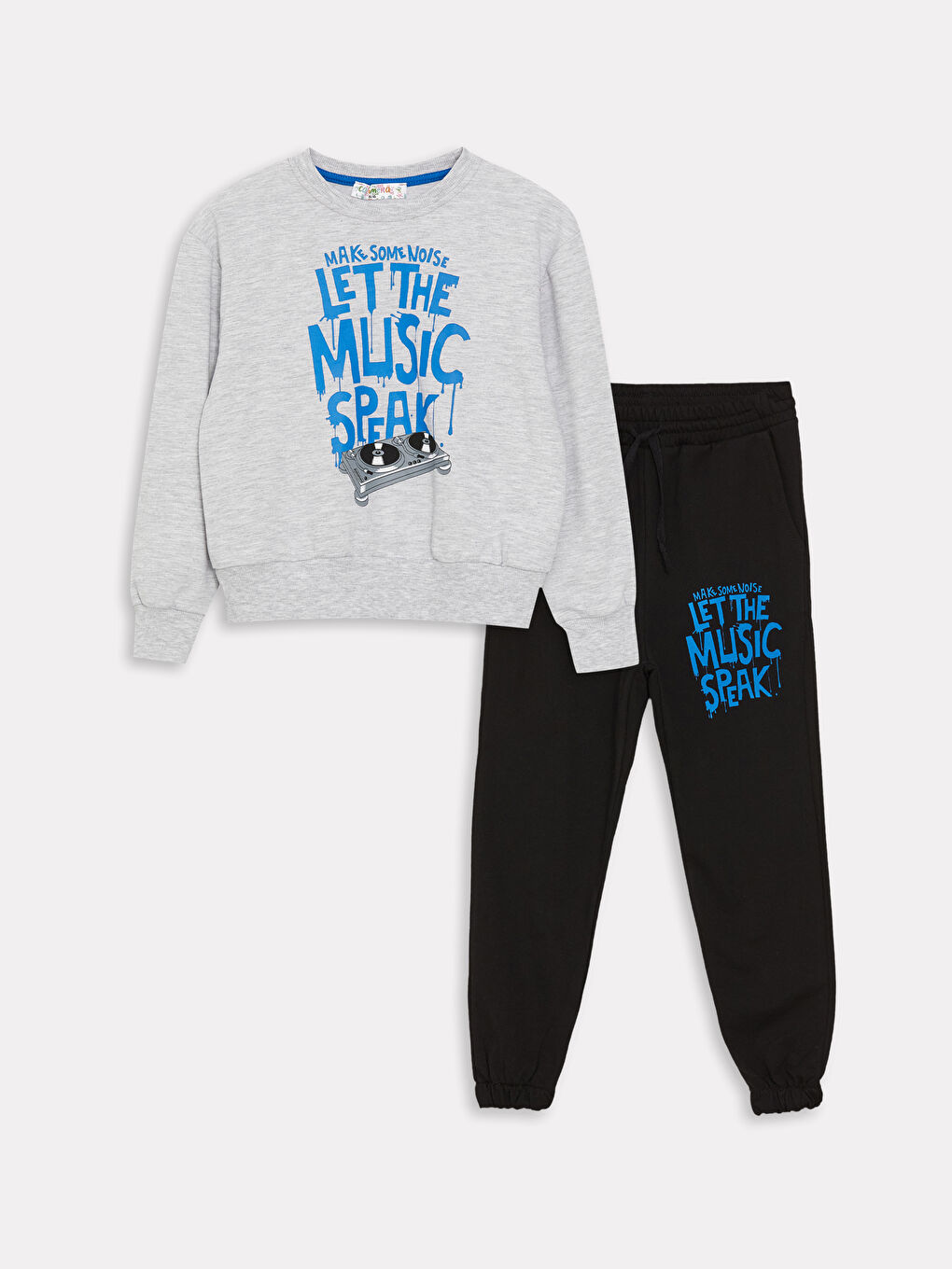 Gri Bisiklet Yaka Baskılı Uzun Kollu Erkek Çocuk Sweatshirt ve Eşofman Alt 2'li Takım