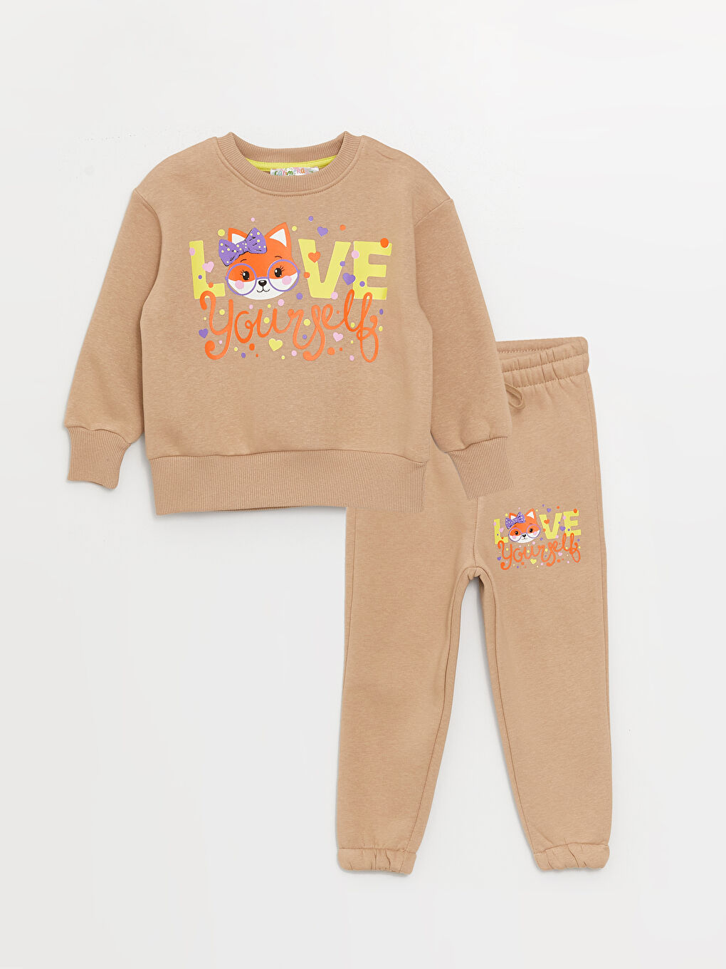 Calimera Kids Bej Bisiklet Yaka Uzun Kollu Kız Bebek Sweatshirt ve Eşofman Alt 2'li Takım