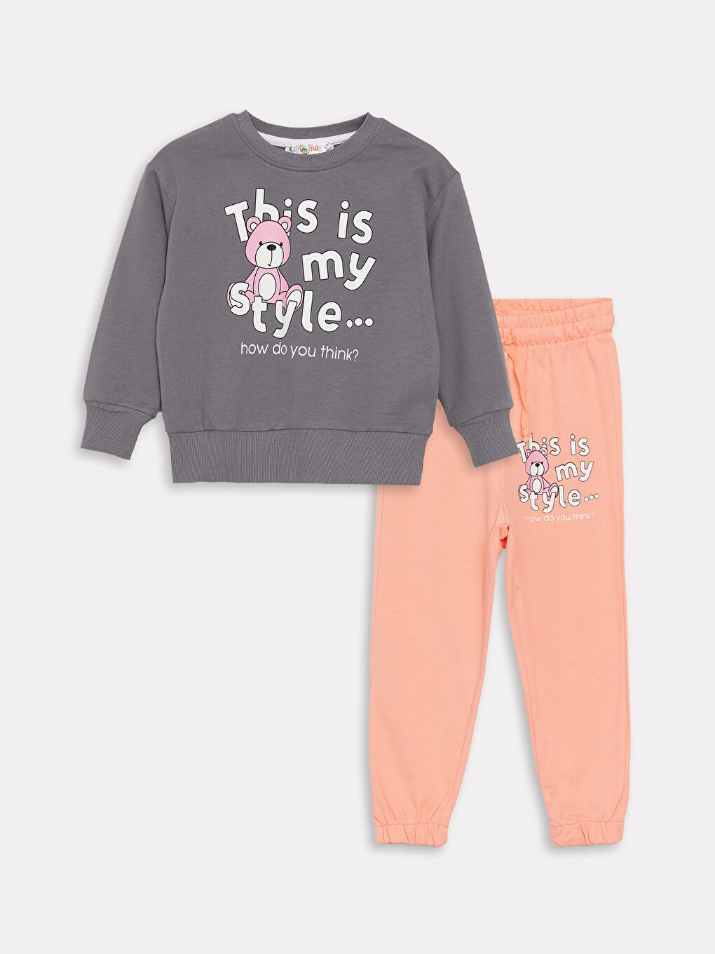 Gri Bisiklet Yaka Uzun Kollu Baskılı Kız Bebek Sweatshirt ve Eşofman Alt 2'li Takım