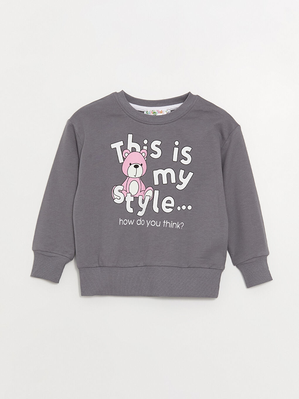 Gri Bisiklet Yaka Uzun Kollu Baskılı Kız Bebek Sweatshirt ve Eşofman Alt 2'li Takım-1