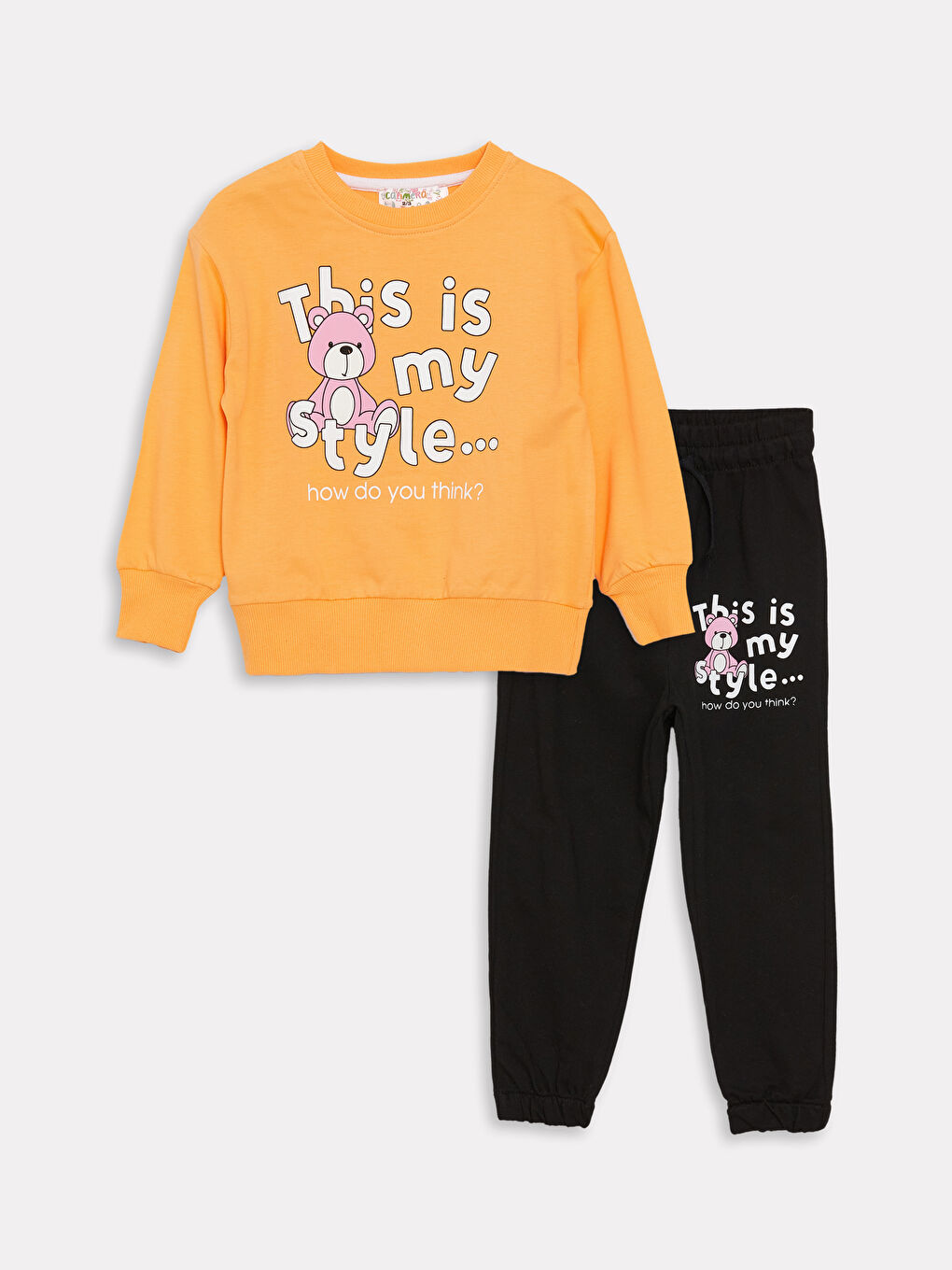 Turuncu Bisiklet Yaka Uzun Kollu Baskılı Kız Bebek Sweatshirt ve Eşofman Alt 2'li Takım