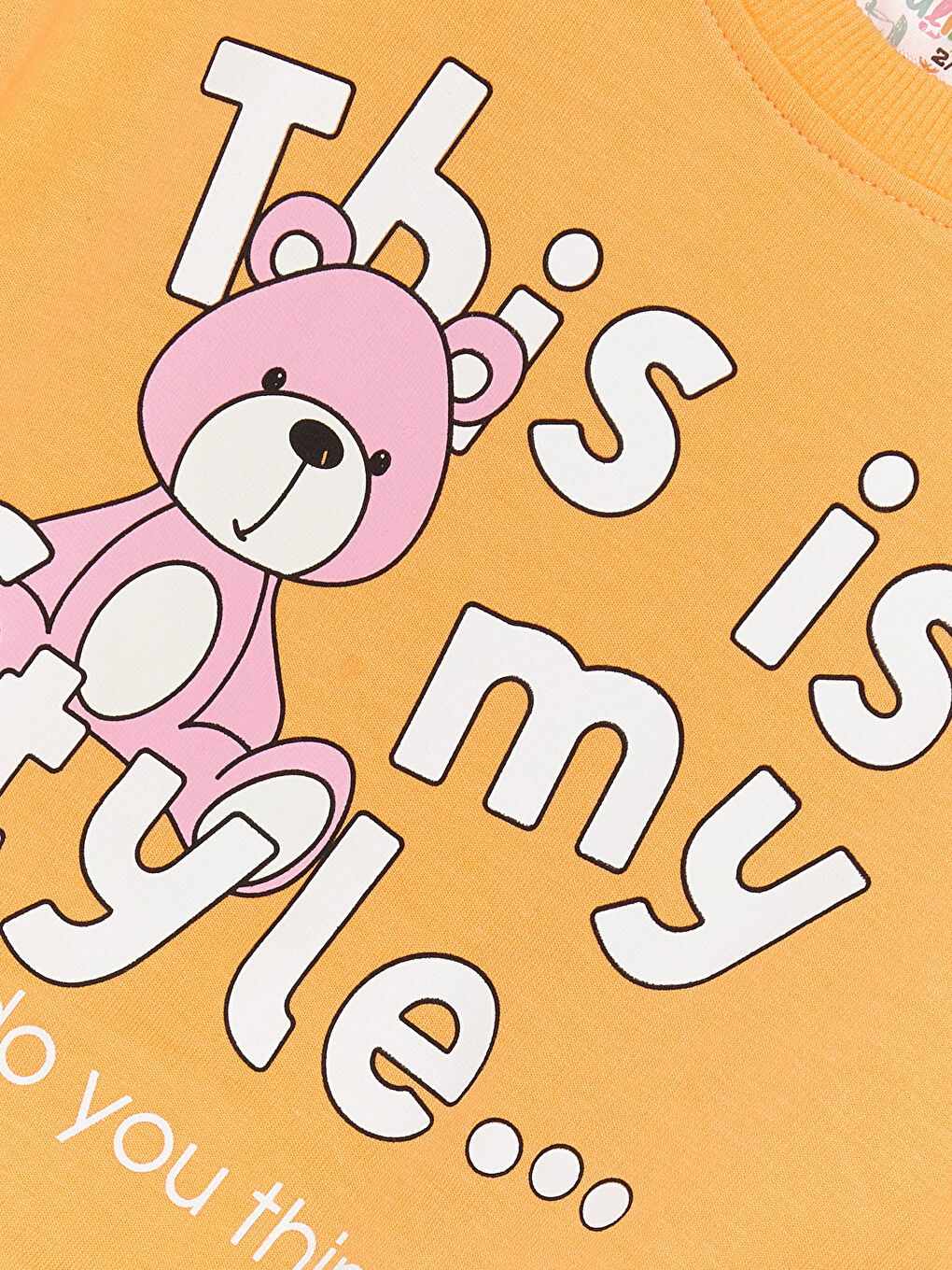 Turuncu Bisiklet Yaka Uzun Kollu Baskılı Kız Bebek Sweatshirt ve Eşofman Alt 2'li Takım-2