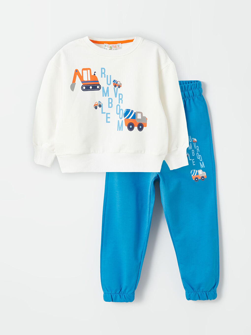 Ekru Bisiklet Yaka Uzun Kollu Baskılı Erkek Bebek Sweatshirt ve Eşofman Alt 2'li Takım