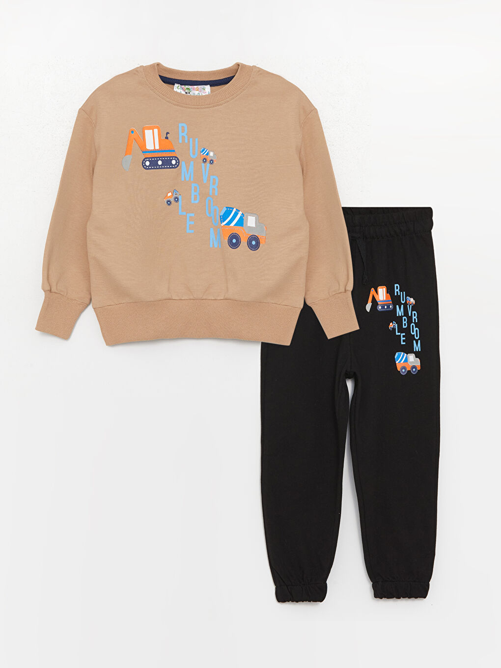 Kahverengi Bisiklet Yaka Uzun Kollu Baskılı Erkek Bebek Sweatshirt ve Eşofman Alt 2'li Takım