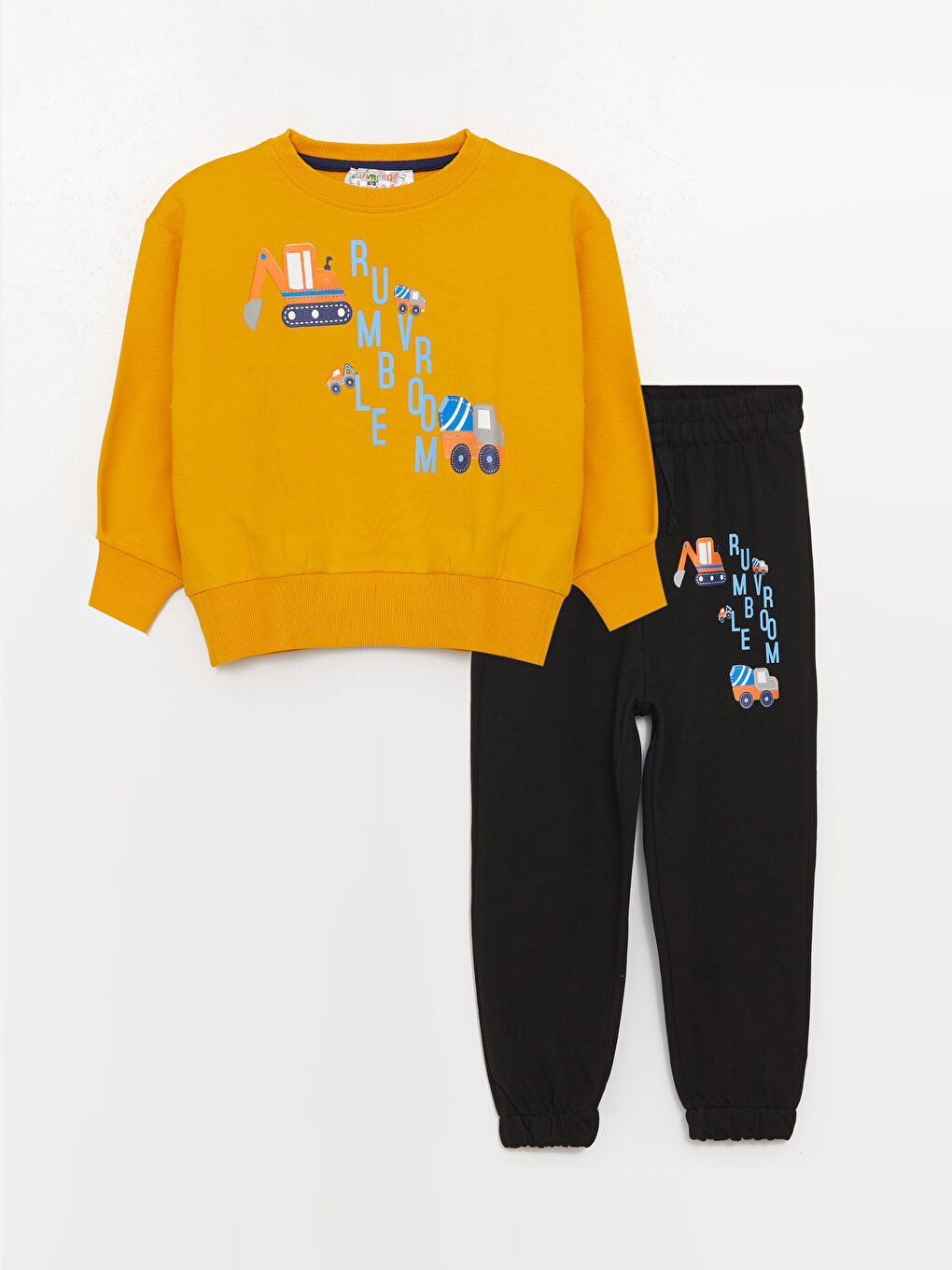 Sarı Bisiklet Yaka Uzun Kollu Baskılı Erkek Bebek Sweatshirt ve Eşofman Alt 2'li Takım