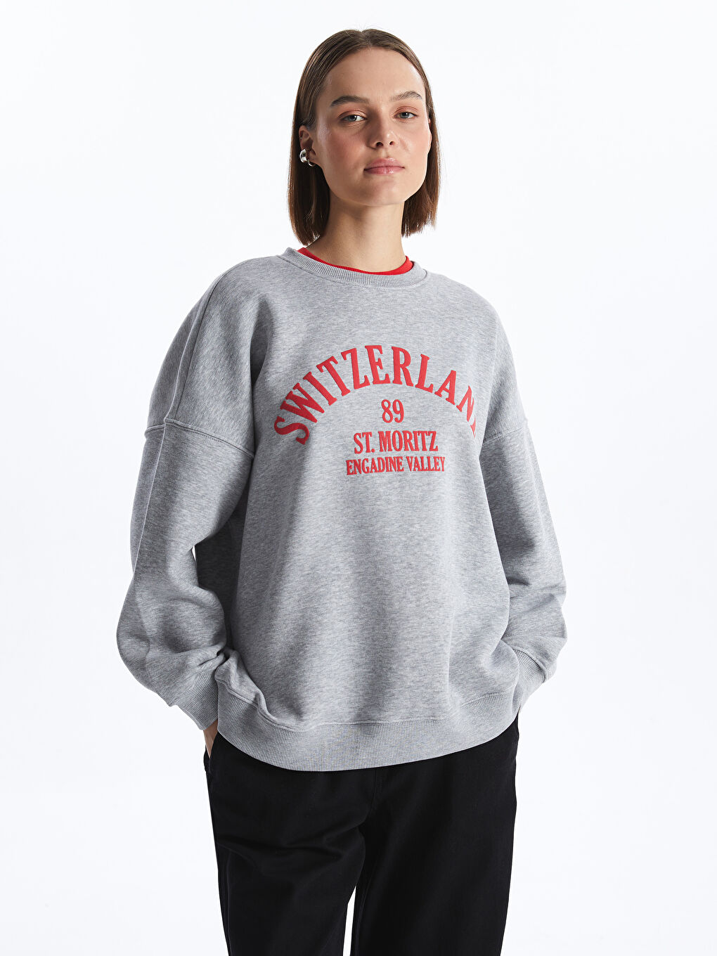 Bisiklet Yaka Baskılı Uzun Kollu Oversize Kadın Sweatshirt