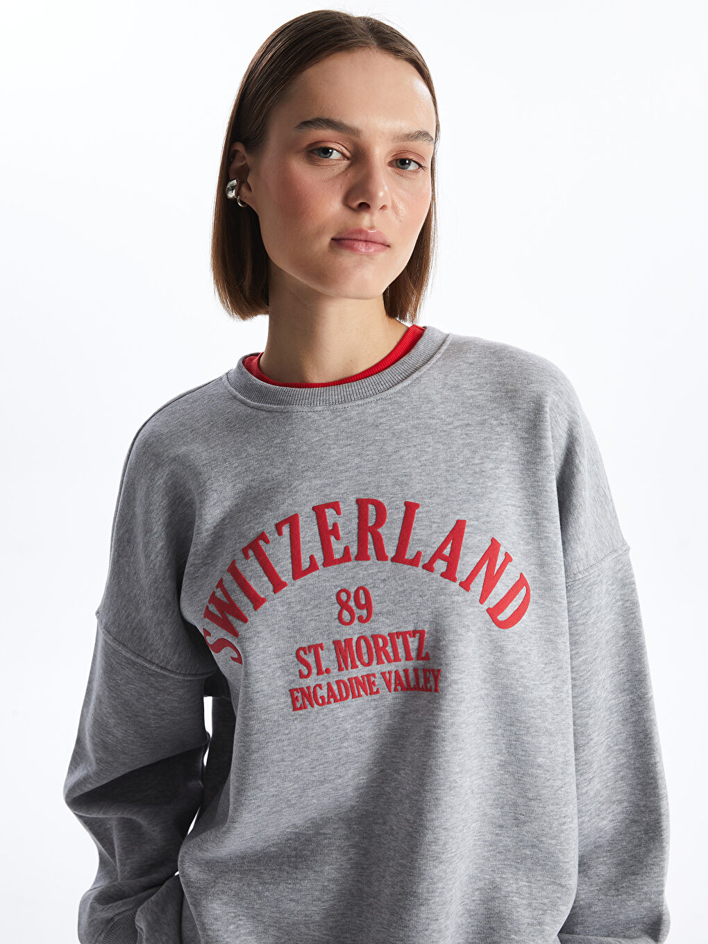 Bisiklet Yaka Baskılı Uzun Kollu Oversize Kadın Sweatshirt-1