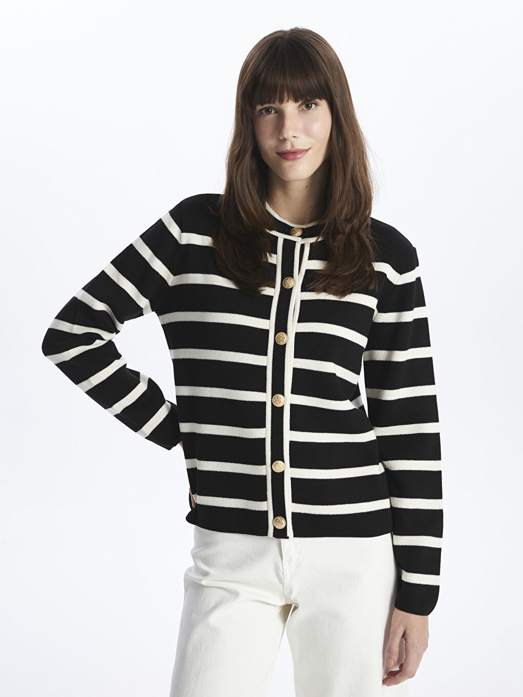 Siyah Bisiklet Yaka Çizgili Kadın Triko Hırka