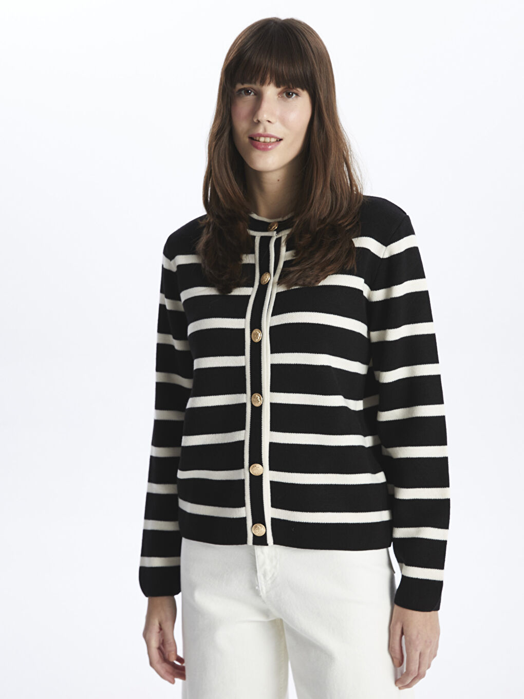 Siyah Bisiklet Yaka Çizgili Kadın Triko Hırka-1