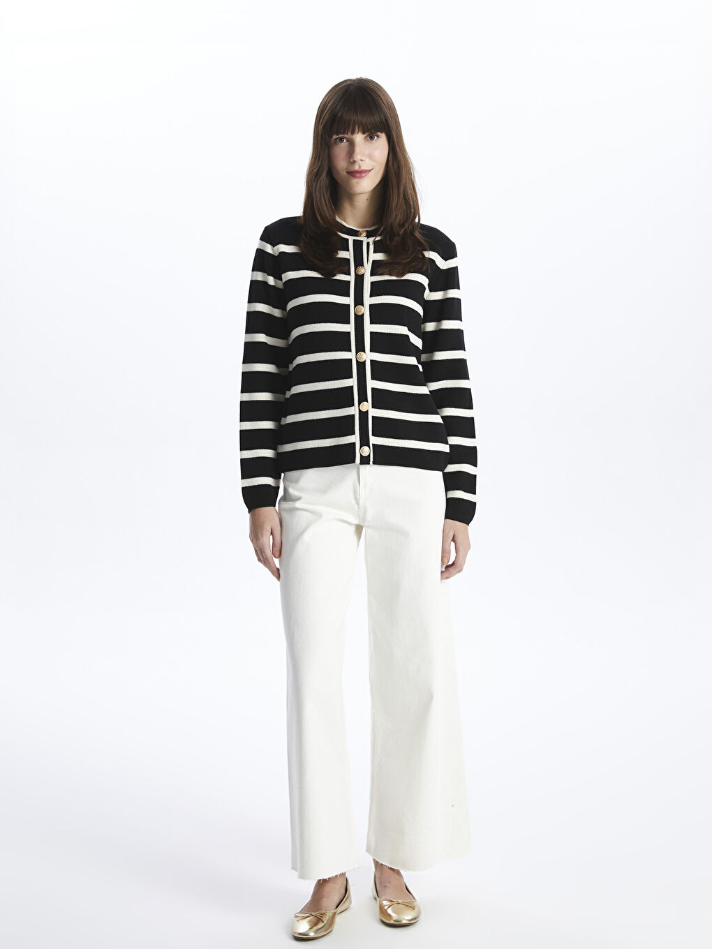 Siyah Bisiklet Yaka Çizgili Kadın Triko Hırka-2