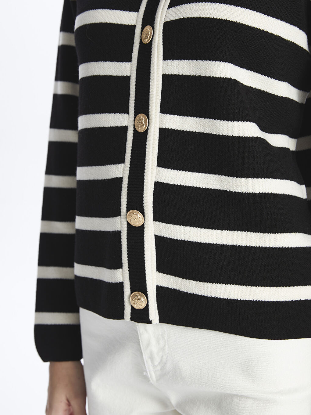 Siyah Bisiklet Yaka Çizgili Kadın Triko Hırka-3