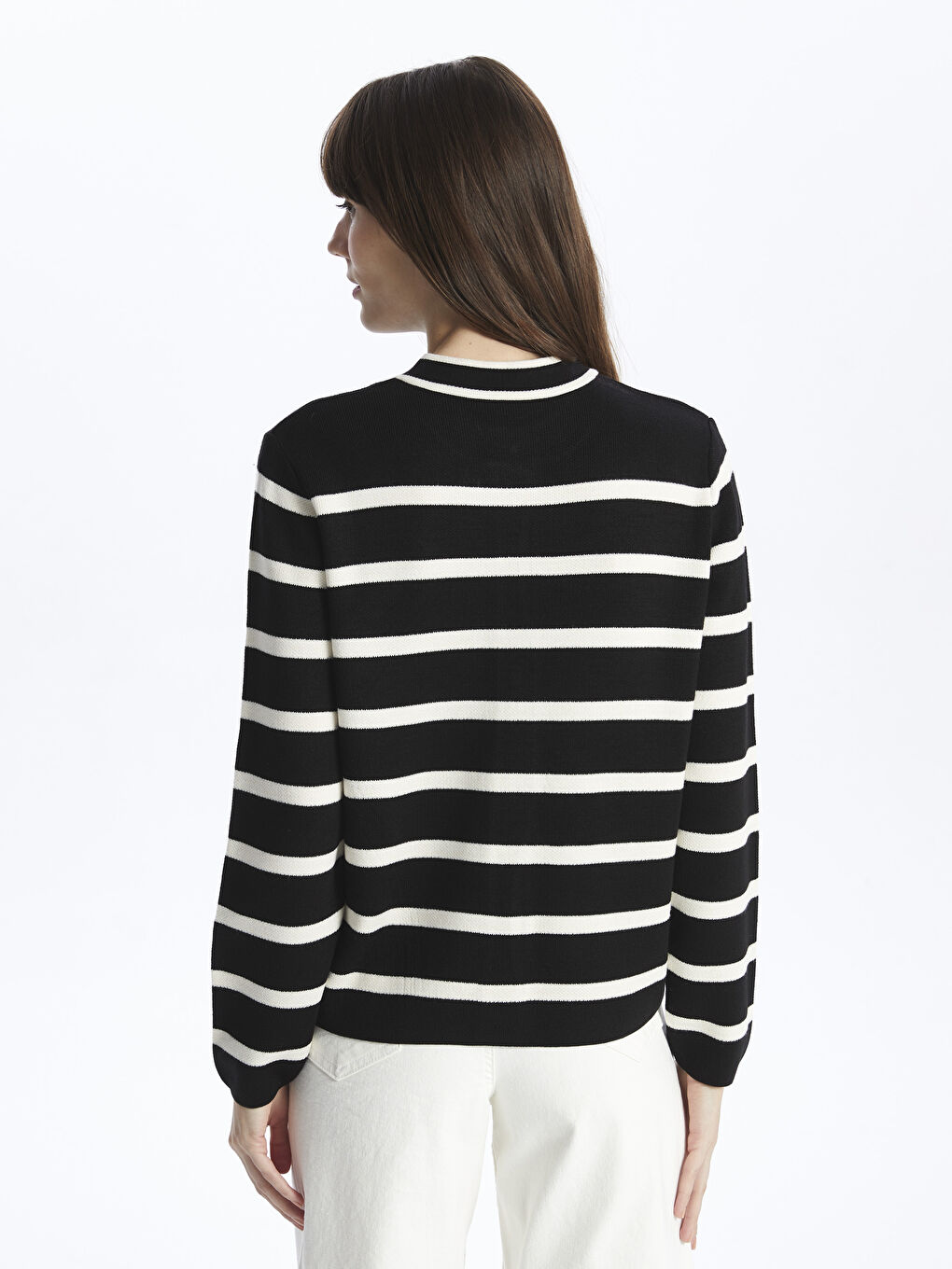 Siyah Bisiklet Yaka Çizgili Kadın Triko Hırka-4