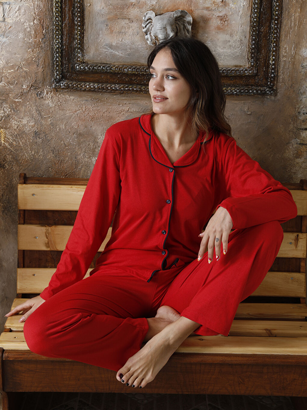 Kırmızı Gömlek Yaka Kadın Pijama Takımı