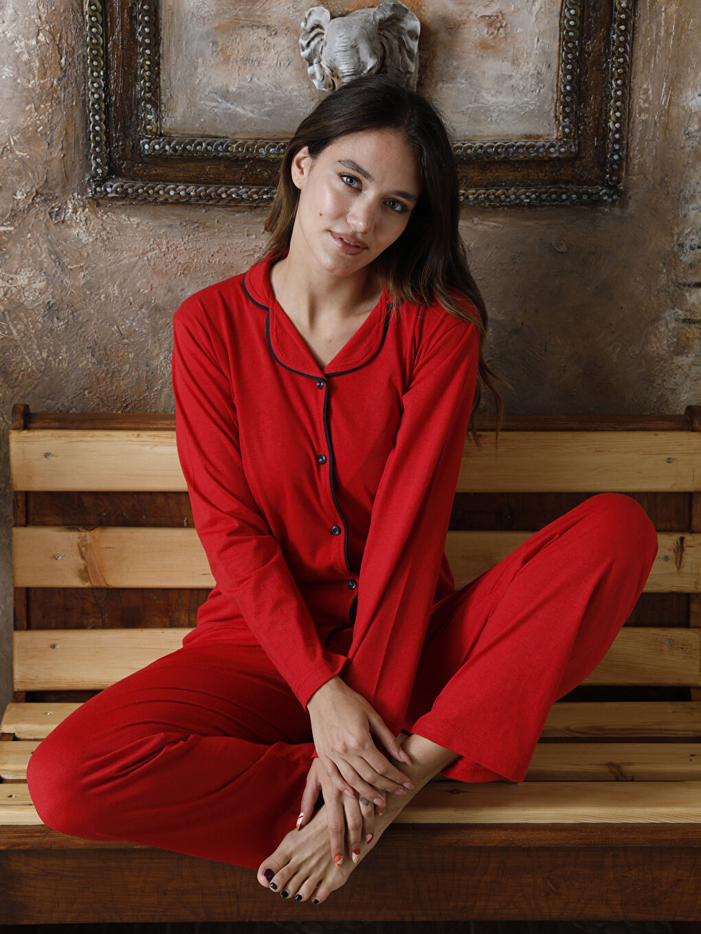 Kırmızı Gömlek Yaka Kadın Pijama Takımı-1