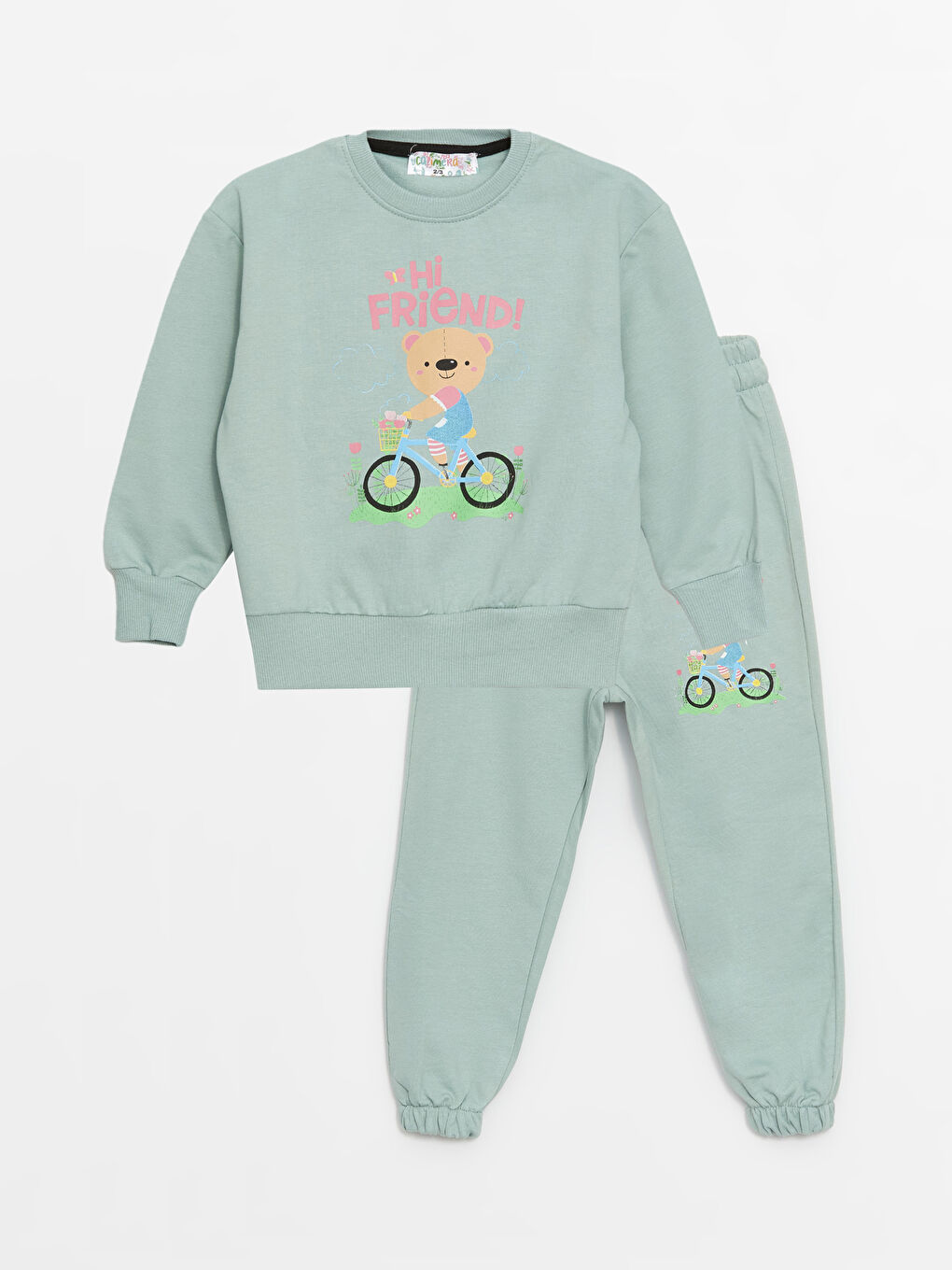 Yeşil Bisiklet Yaka Uzun Kollu Kız Bebek Sweatshirt ve Eşofman Alt 2'li Takım