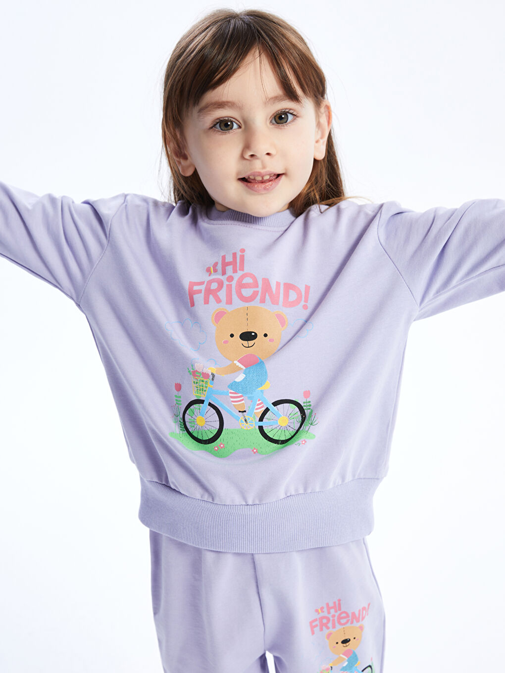 Lila Bisiklet Yaka Uzun Kollu Kız Bebek Sweatshirt ve Eşofman Alt 2'li Takım-1