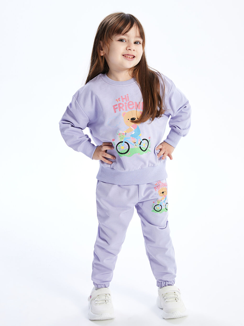 Lila Bisiklet Yaka Uzun Kollu Kız Bebek Sweatshirt ve Eşofman Alt 2'li Takım-2