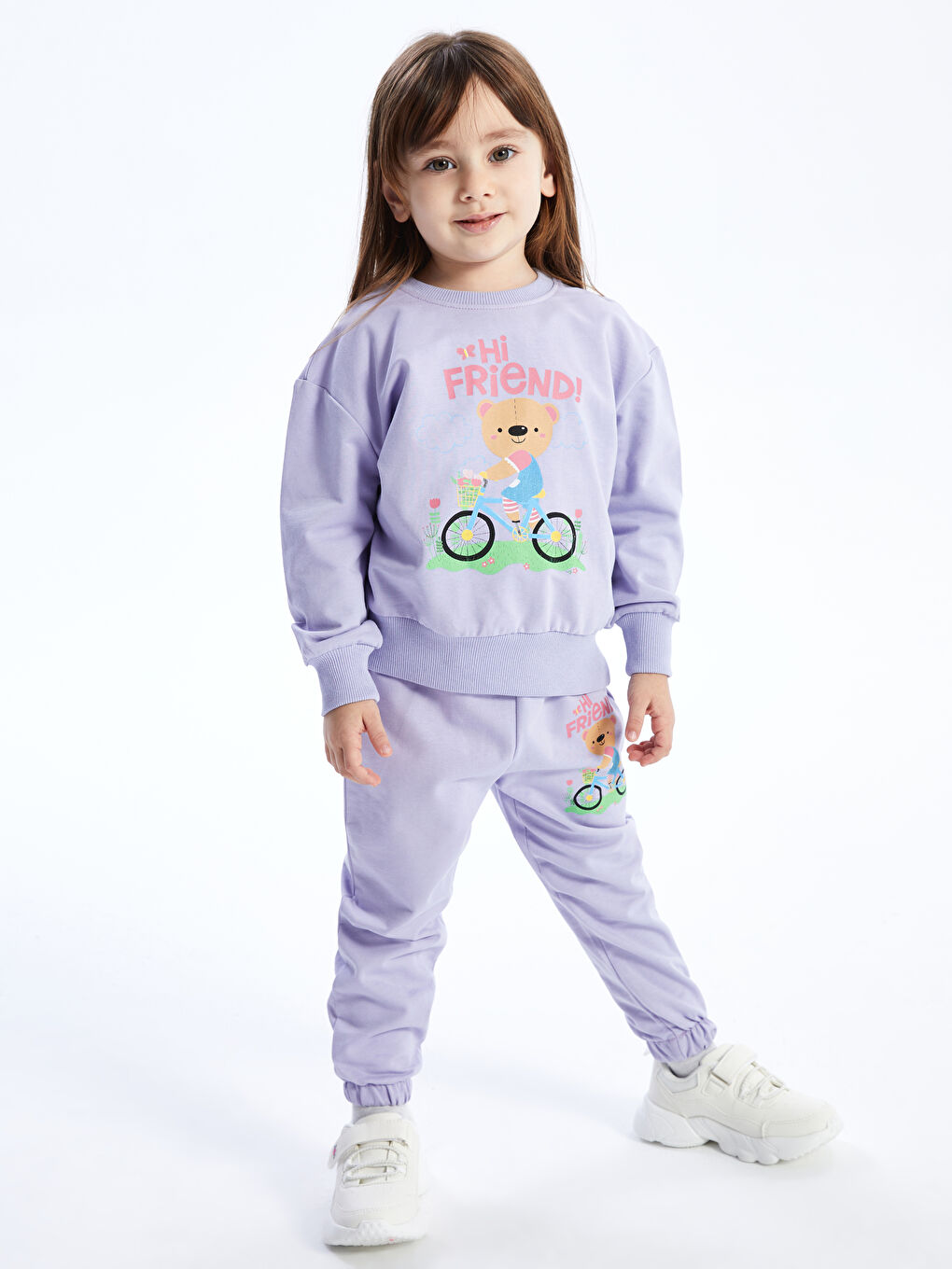 Lila Bisiklet Yaka Uzun Kollu Kız Bebek Sweatshirt ve Eşofman Alt 2'li Takım-3