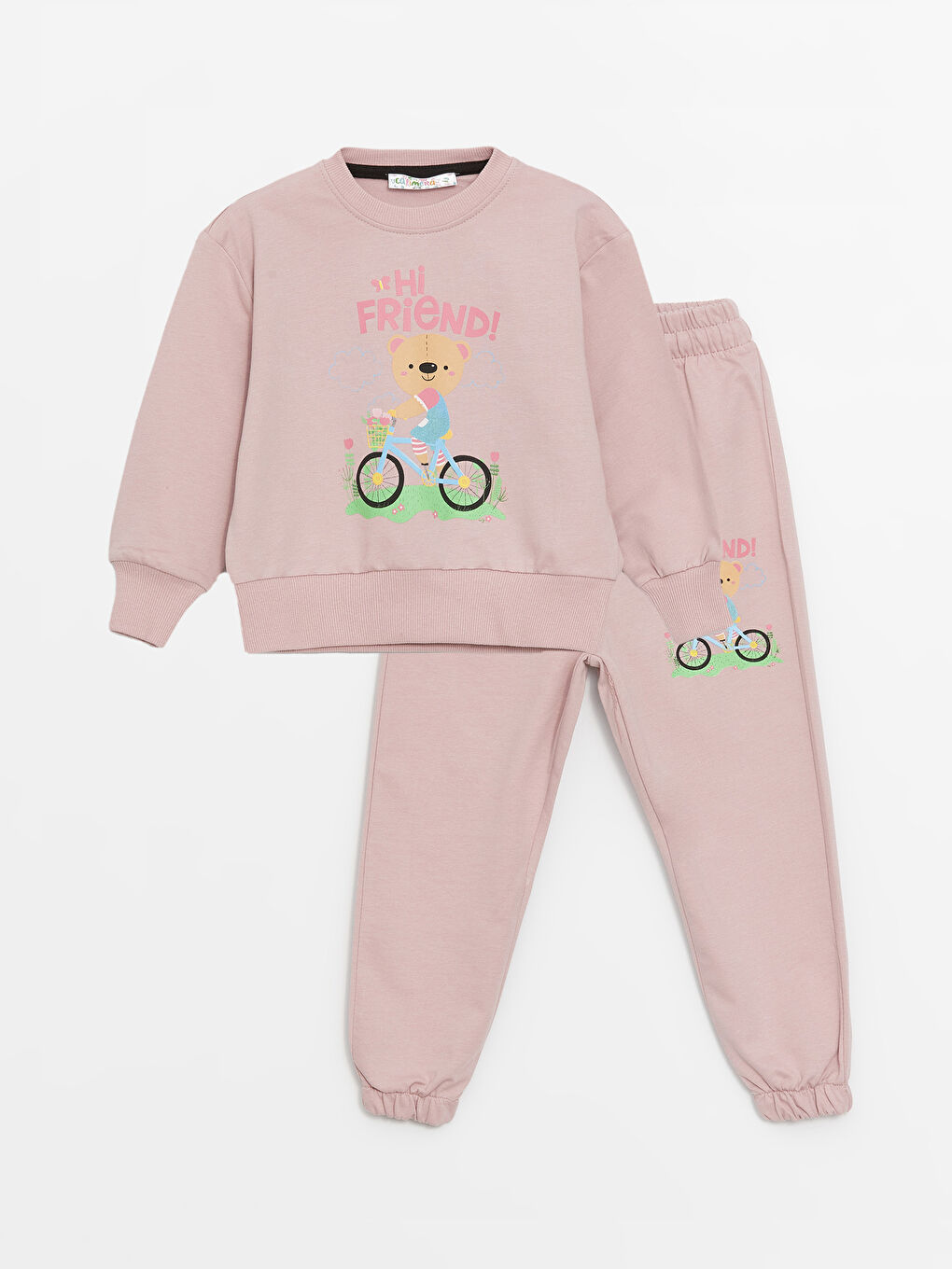 Pembe Bisiklet Yaka Uzun Kollu Kız Bebek Sweatshirt ve Eşofman Alt 2'li Takım