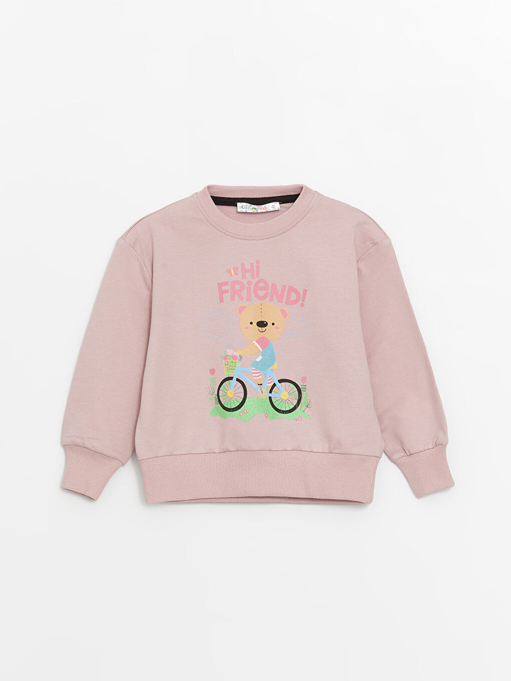 Pembe Bisiklet Yaka Uzun Kollu Kız Bebek Sweatshirt ve Eşofman Alt 2'li Takım-1