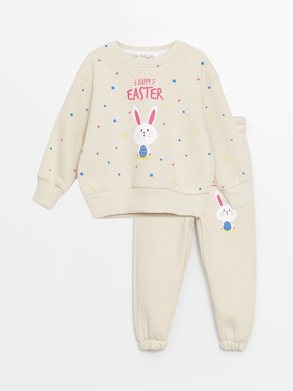 Bej Bisiklet Yaka Uzun Kollu Kız Bebek Sweatshirt ve Eşofman Alt 2'li Takım