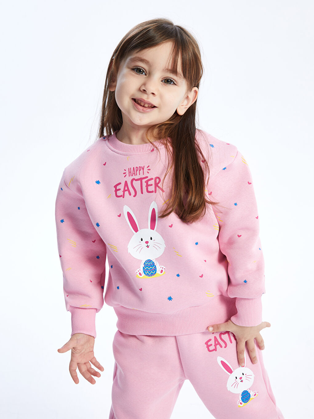 Pembe Bisiklet Yaka Uzun Kollu Kız Bebek Sweatshirt ve Eşofman Alt 2'li Takım-1