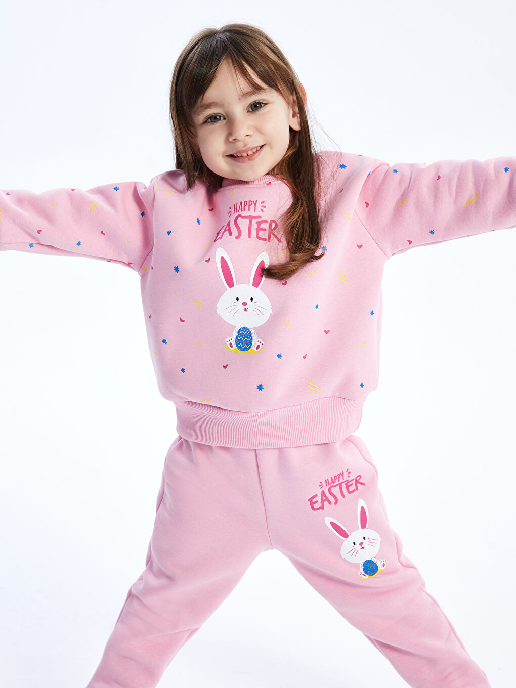 Pembe Bisiklet Yaka Uzun Kollu Kız Bebek Sweatshirt ve Eşofman Alt 2'li Takım-2