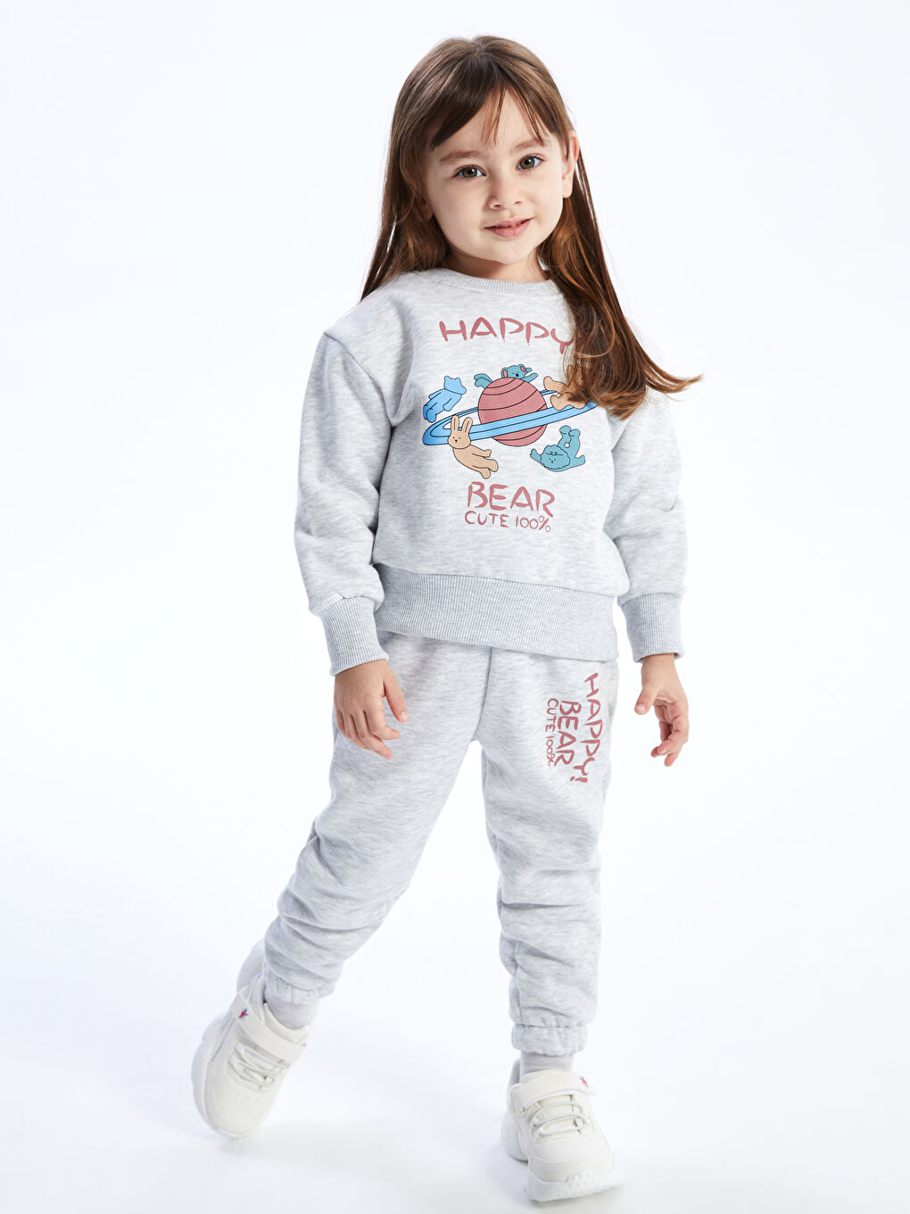 Calimera Kids Gri Bisiklet Yaka Uzun Kollu Kız Bebek Sweatshirt ve Eşofman Alt 2'li Takım