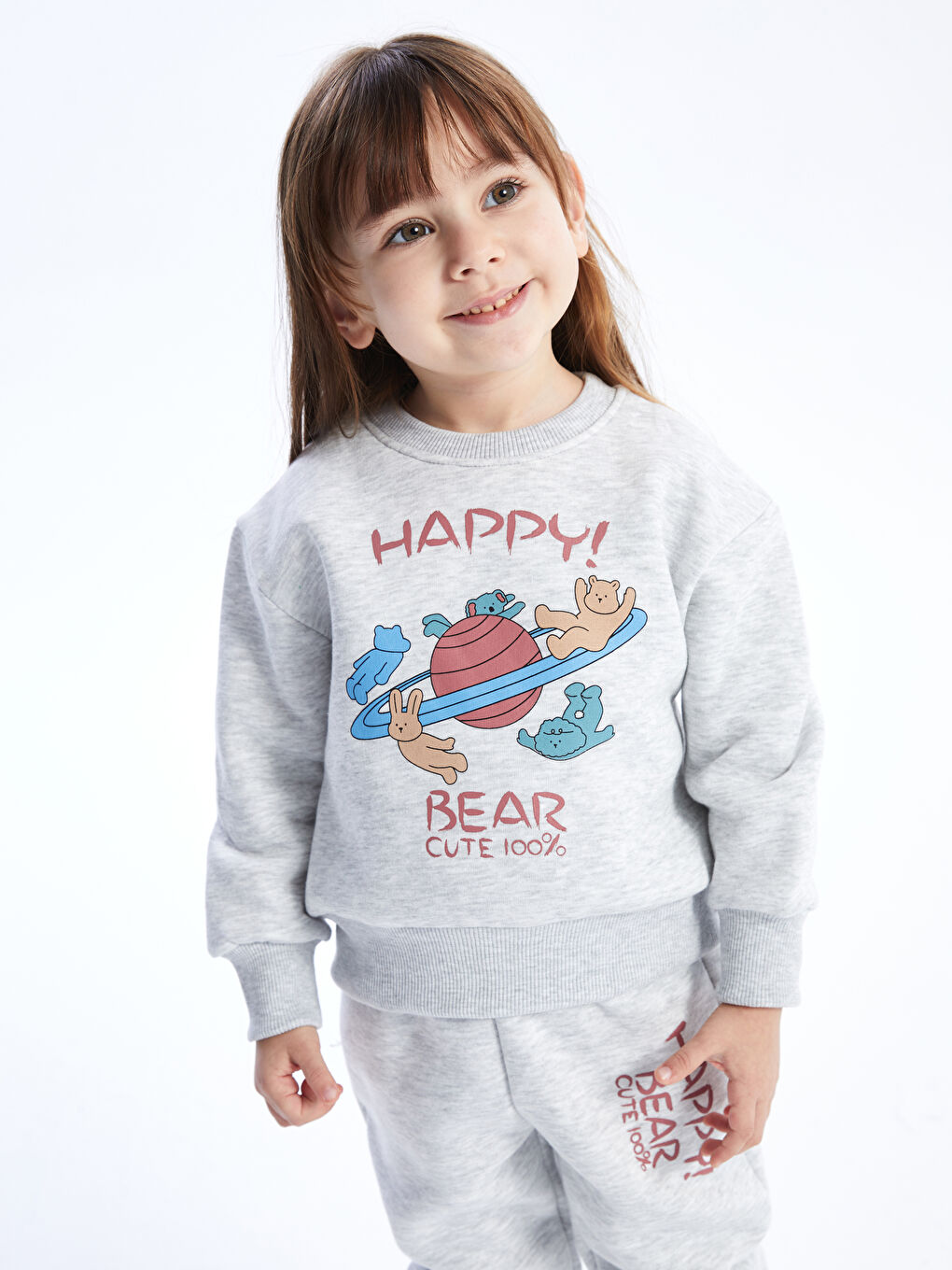 Calimera Kids Gri Bisiklet Yaka Uzun Kollu Kız Bebek Sweatshirt ve Eşofman Alt 2'li Takım - 2